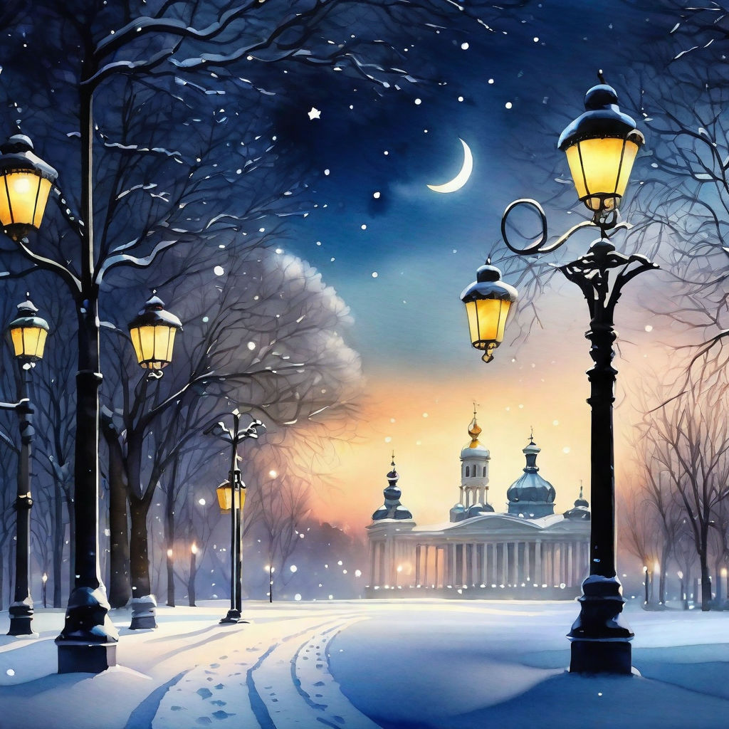 Night view of the winter city with snow-covered trees and lanterns