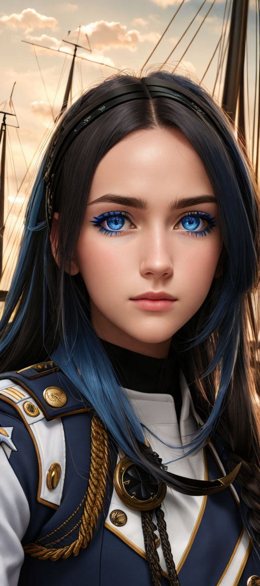 Deep dark blue haired wave anime woman with deep blue eyes