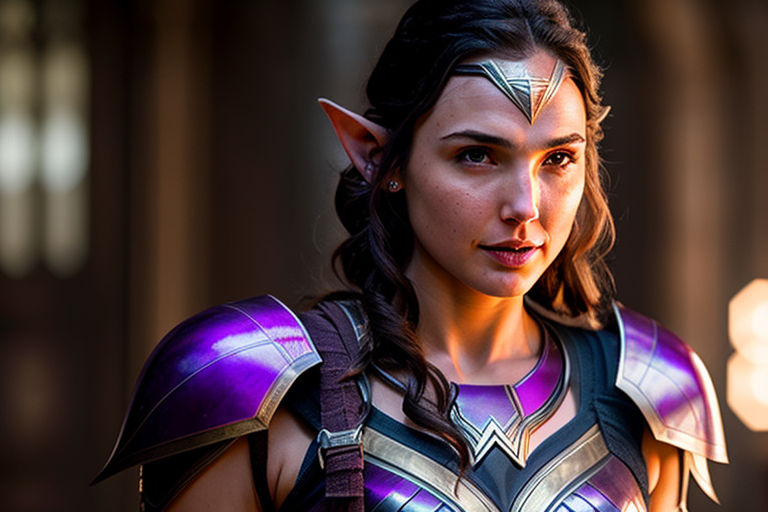 Prompt: Elf Gal Gadot wearing sci-fi exoskeleton mechanical light armor holding a piece of purple cloth in both hands, detailed face,symmetrical face