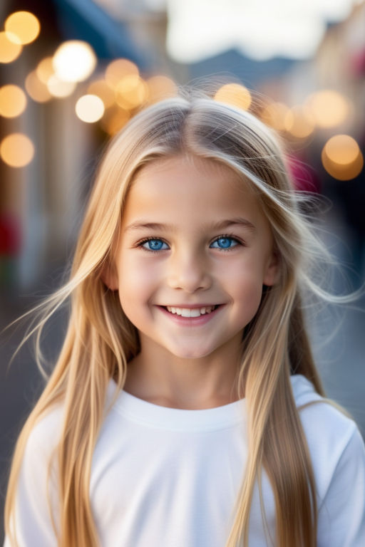 Portrait of a cute 10-year-old girl with blonde hair and stunning