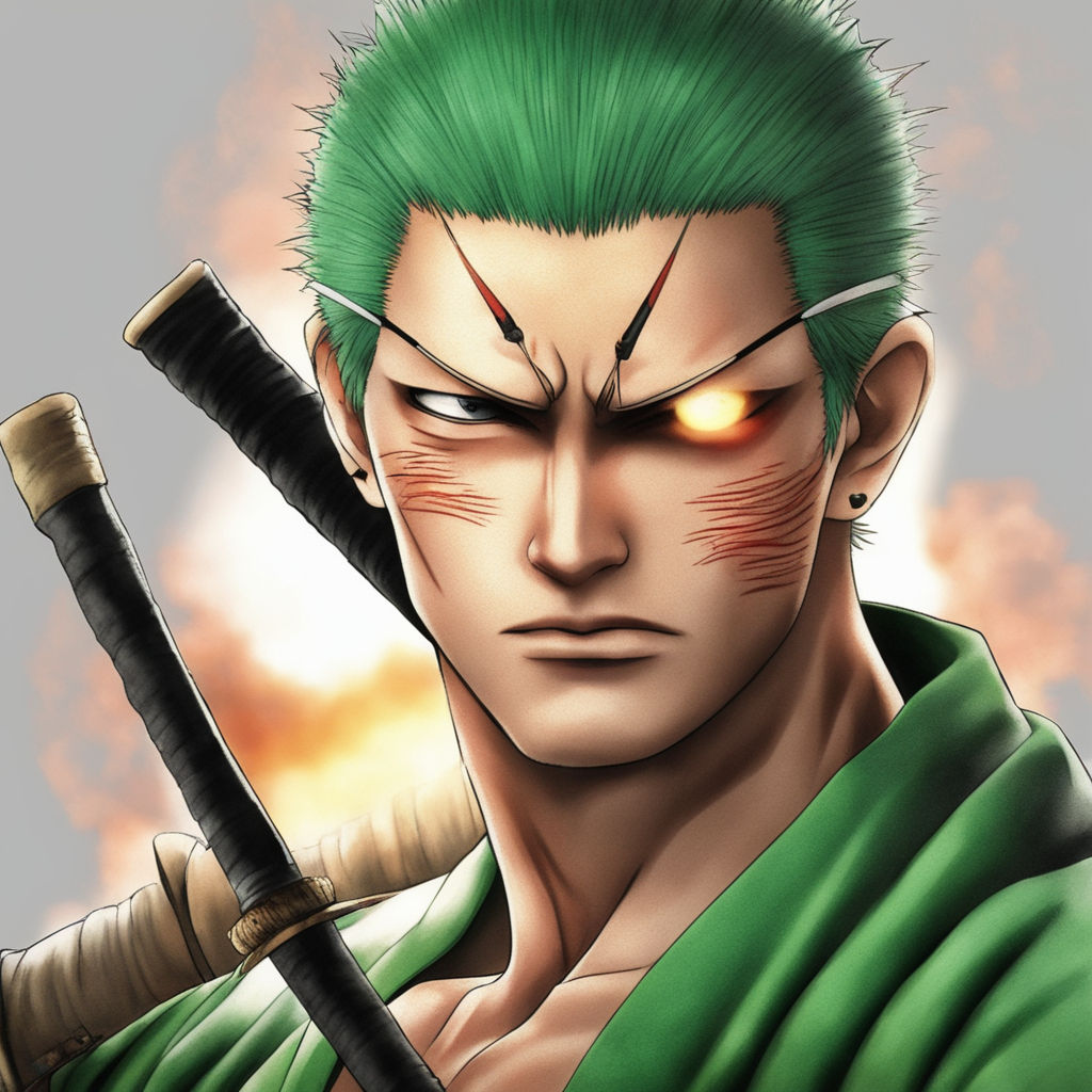 evil carchter style Zoro from one piece evil looking to camera