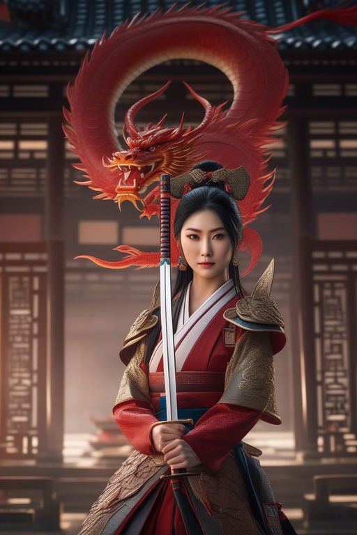 Samurai Girl in Realistic Armor and Short Kimono, AI Art Generator