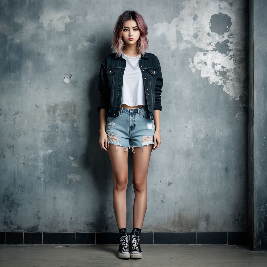 A slim thin tall Teenage girl young woman modeling wearing recycled  upcycled clothes clothing fashion outfit outdoors in a derelict grungy  run-down urban location outside an abandoned boarded up block of flats