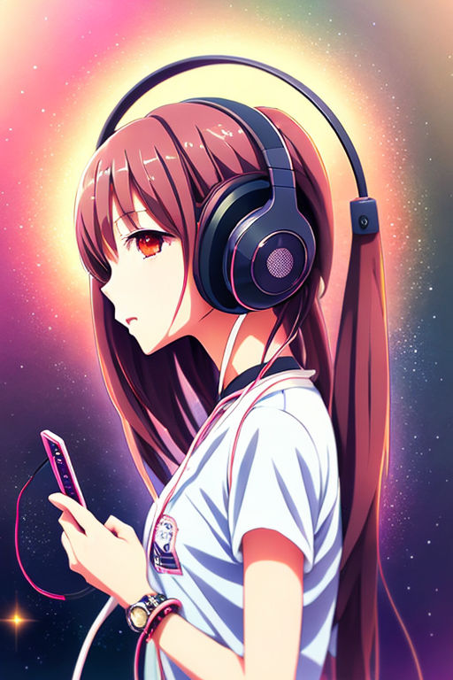 futuristic anime style girl listening to music with headphones