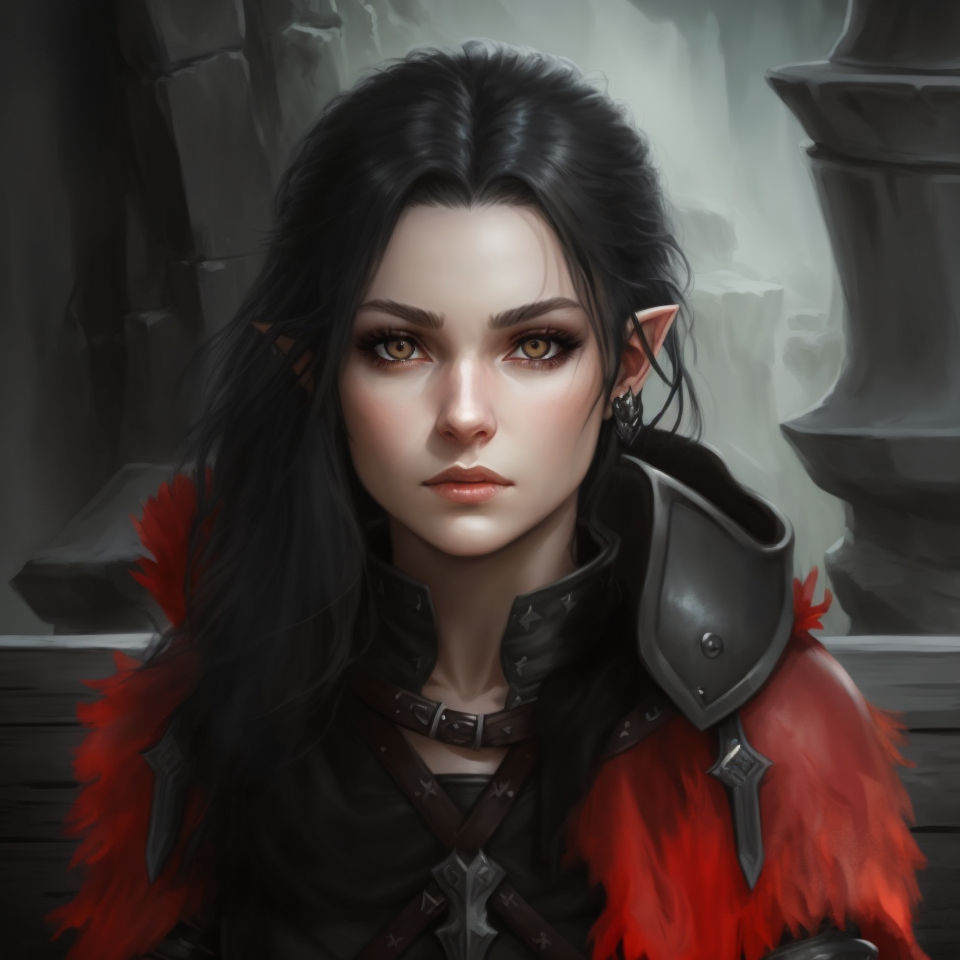 worn-walrus279: Half-elf female with long black hair liquid golden eyes  with a dark barmaid outfit