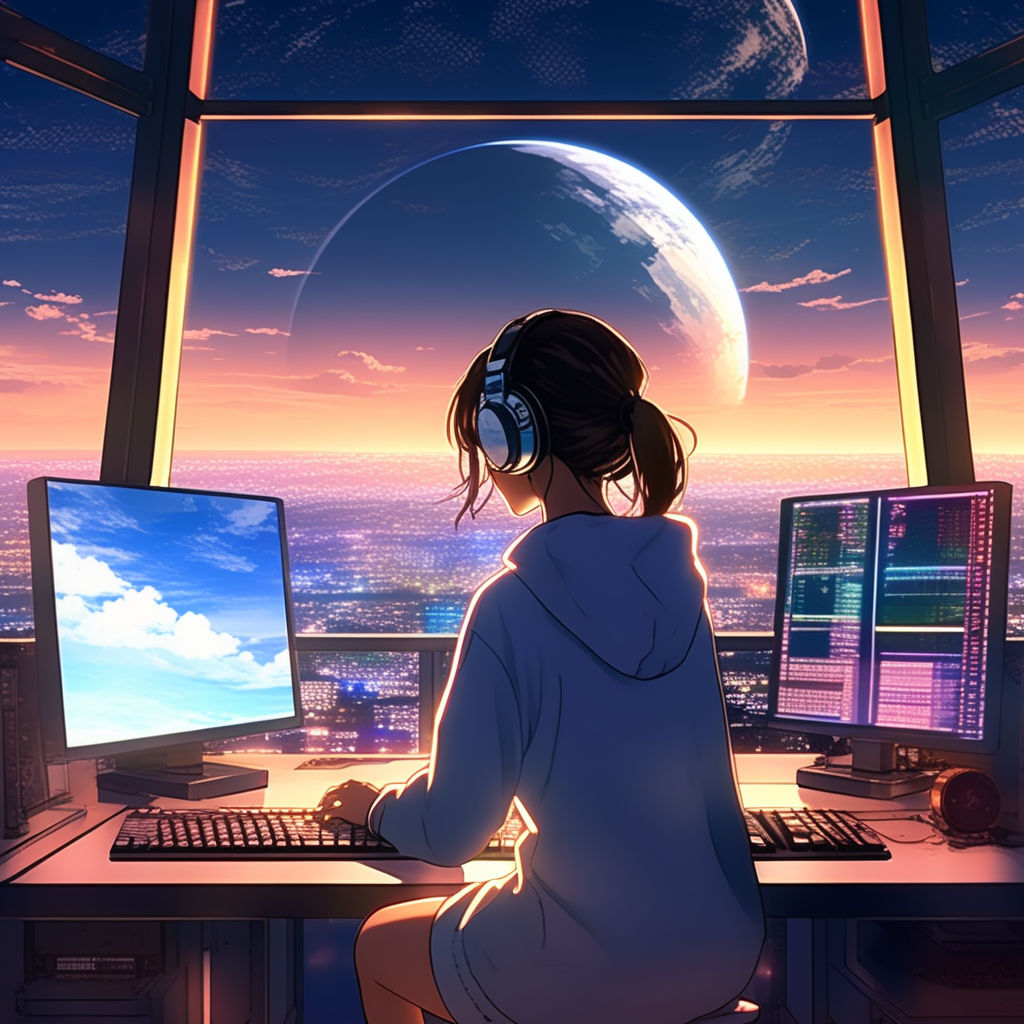 Lexica - create a high resolution artwork of anime girl is programming at a  computer in a room full of gadgets