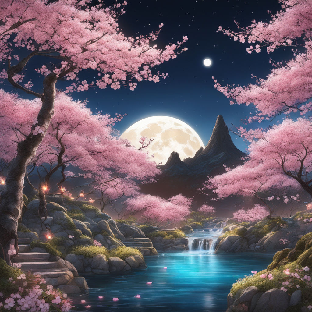 Fantasy Japanese night view city citycape, neon light, residential  skyscraper buildings, pink cherry sakura tree. Night urban anime fantasy.  Stock Illustration | Adobe Stock