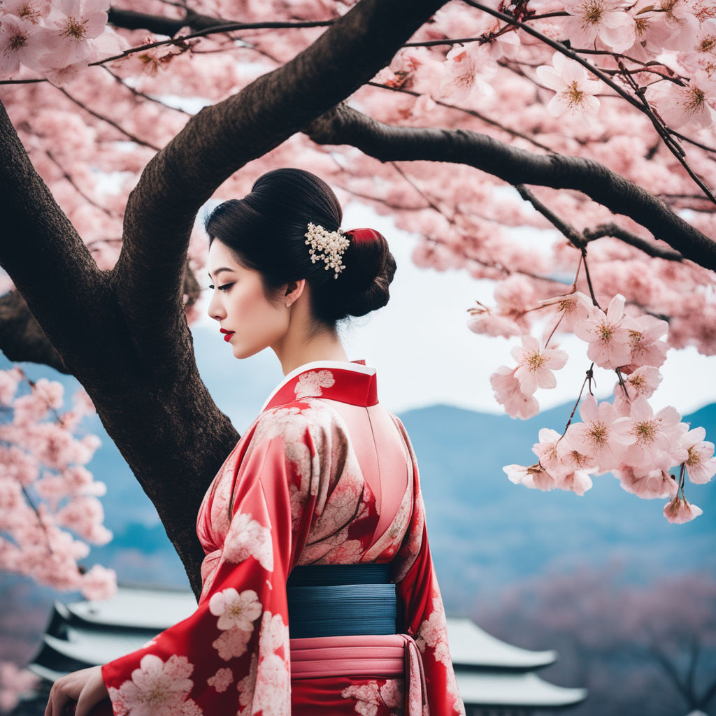 Download A girl surrounded by floating petals of cherry blossom