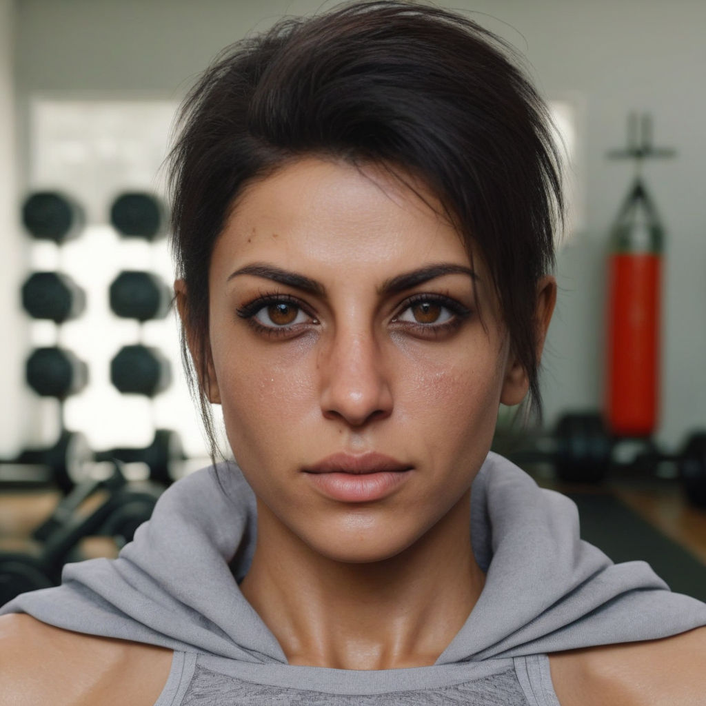 Mature female boxer、Ponytail with black hair、Brown-skinned