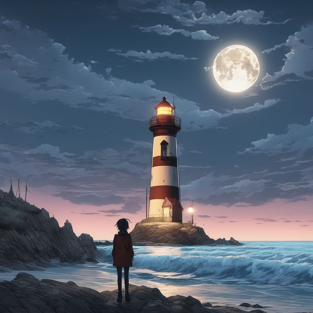 Premium AI Image | anime style scene of a woman standing on a beach looking  at a lighthouse generative ai