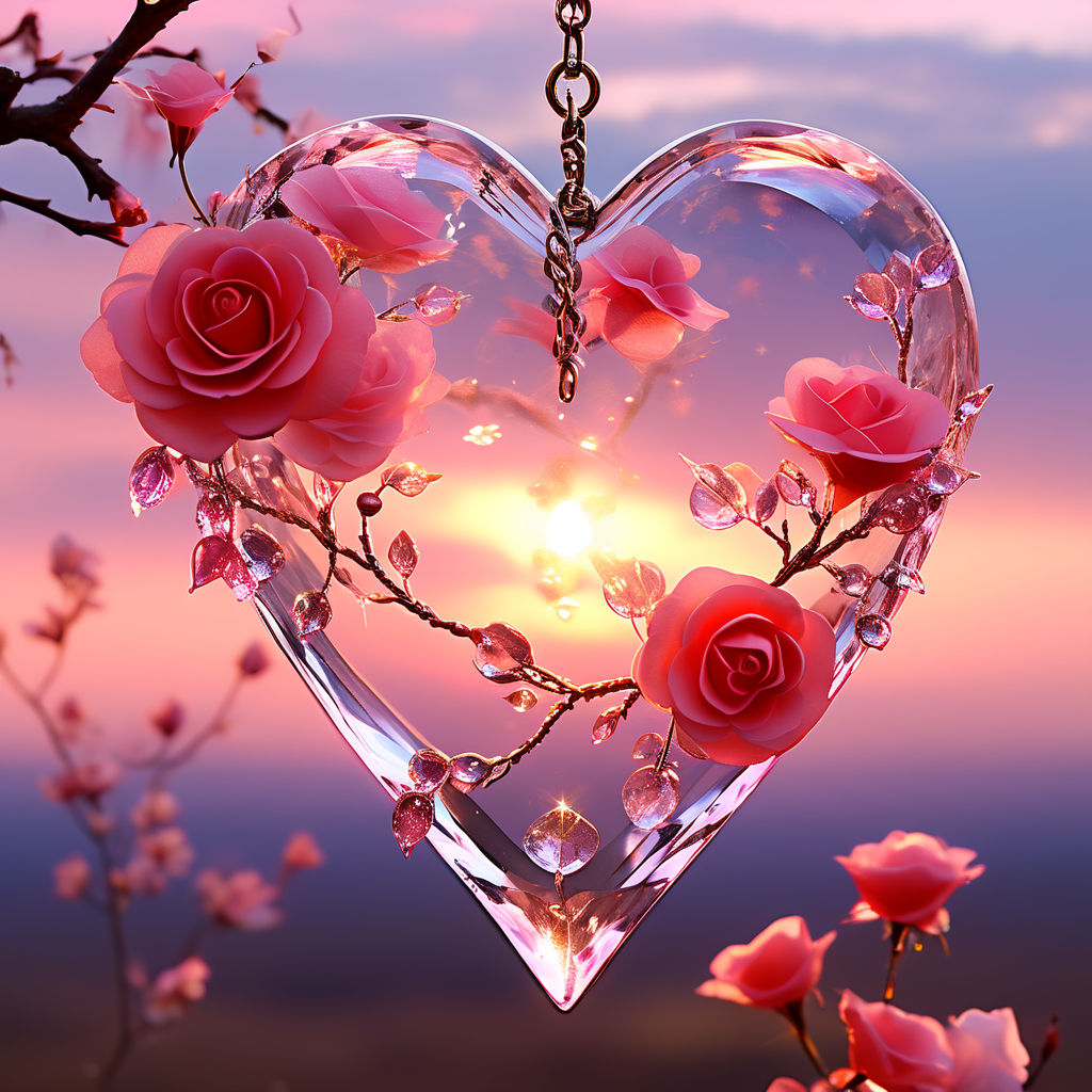 Prompt: (Transparent crystal heart with pink roses,pearls,sequins inside, hanging on a chain on a tree, lol fairy flying nearby, red sunset background.) author Greg Rutkowski, digital watercolor, clear shot, Canon lens, 9k resolution,masterpiece,art trends:1.5