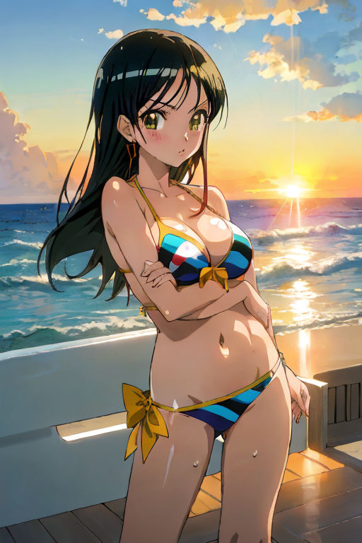 A full body photo of an anime girl, short hair, brown hair, wearing a red two  piece swimsuit, looking up camera angle, bright mid-day lighting from top,  dynamic pose