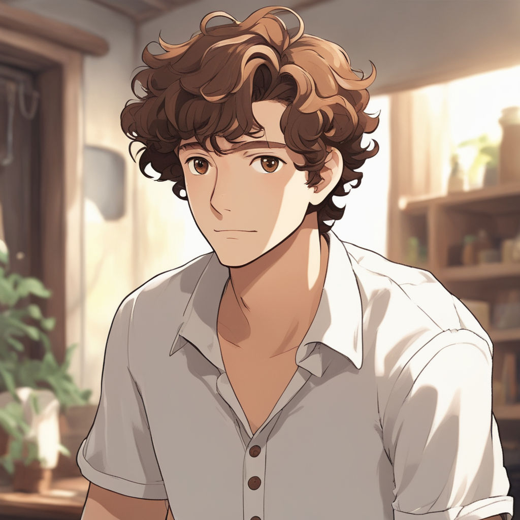 Man with dark short wavy hair anime, pale skin