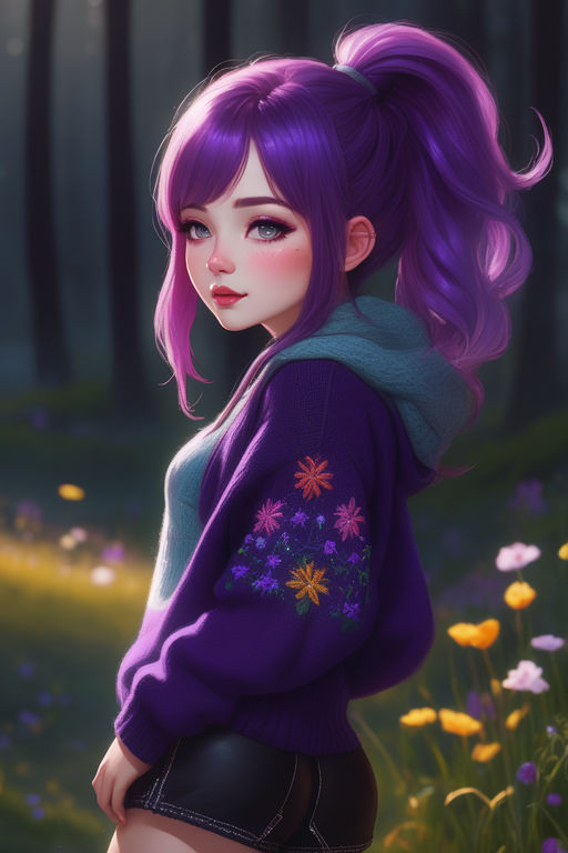 3D rendering of an anime teenager girl with purple hair in an