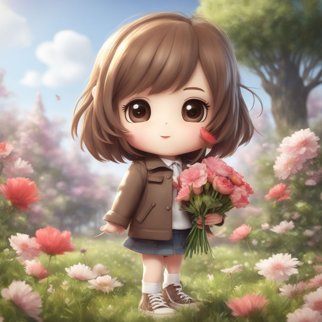 Cute Cartoon Girl on the meadow with flowers