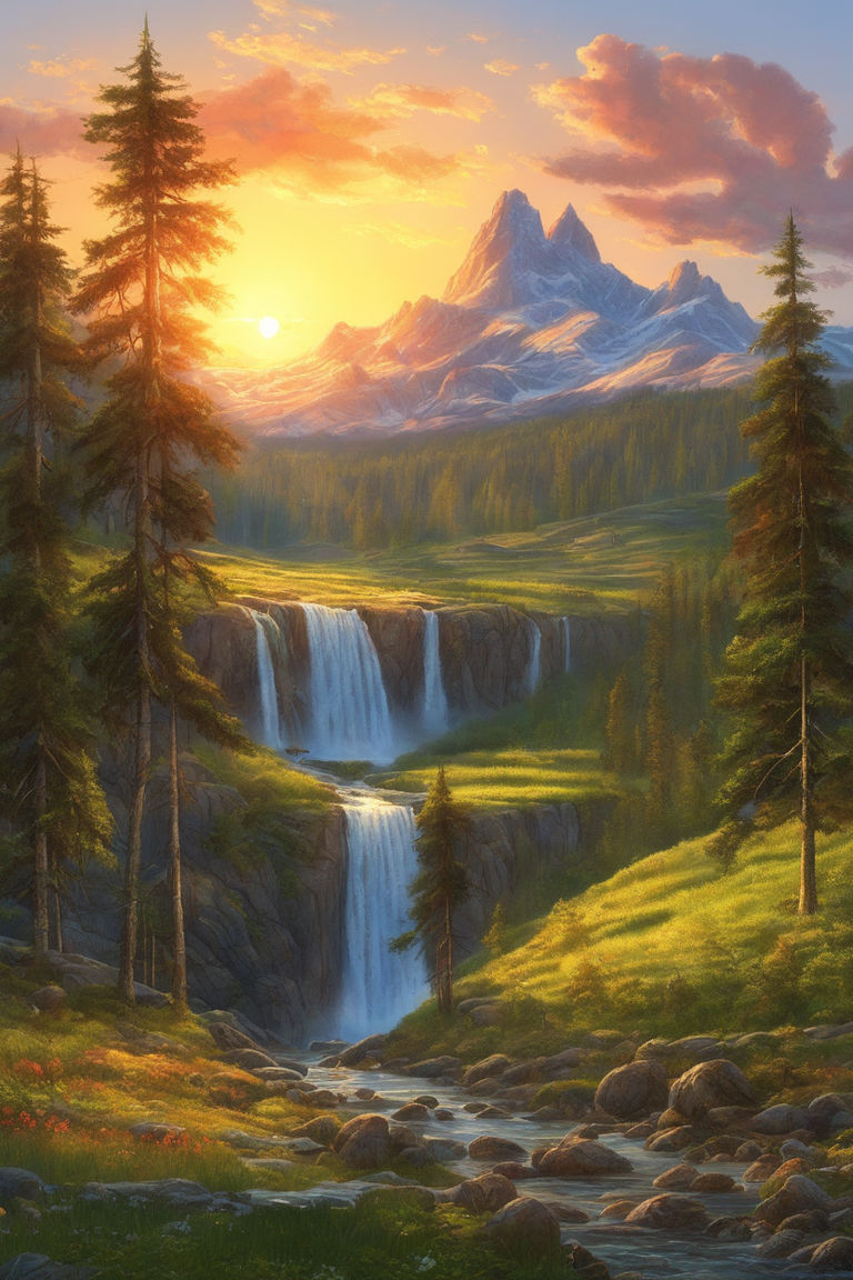 Nature Painting - Sunset Waterfall Scenery Drawing - HD wallpaper | Pxfuel