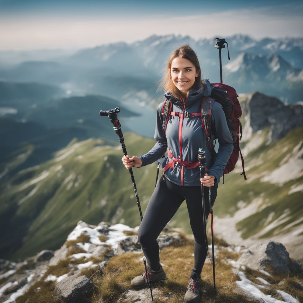 A Girl in Hiking Clothes with Trekking Poles Walks in the