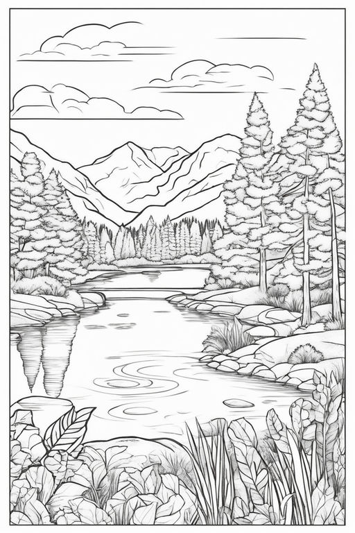 A beautiful river. there are green place with flowers on the both sides of  the river. there is a big, strong and symbolic tree of the left-background  of the picture. simple drawing