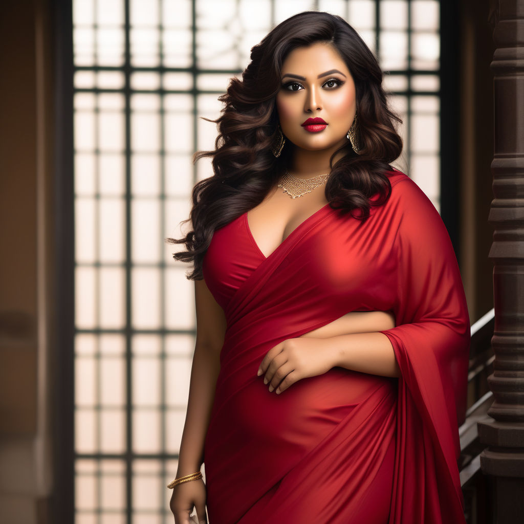 Plus size Bengali woman wearing transparent red chiffon saree and