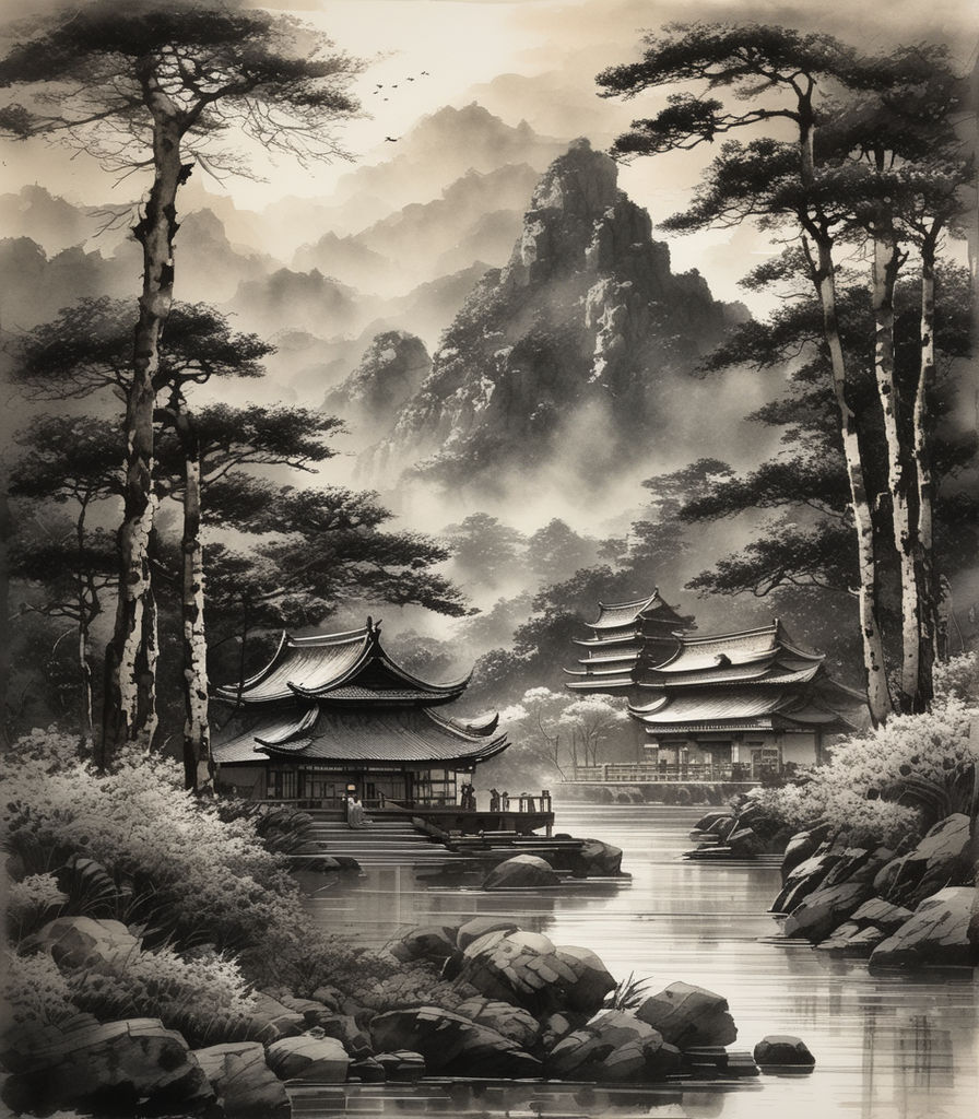 Chinese ink painting ink-and-wash painting ancient times lake on