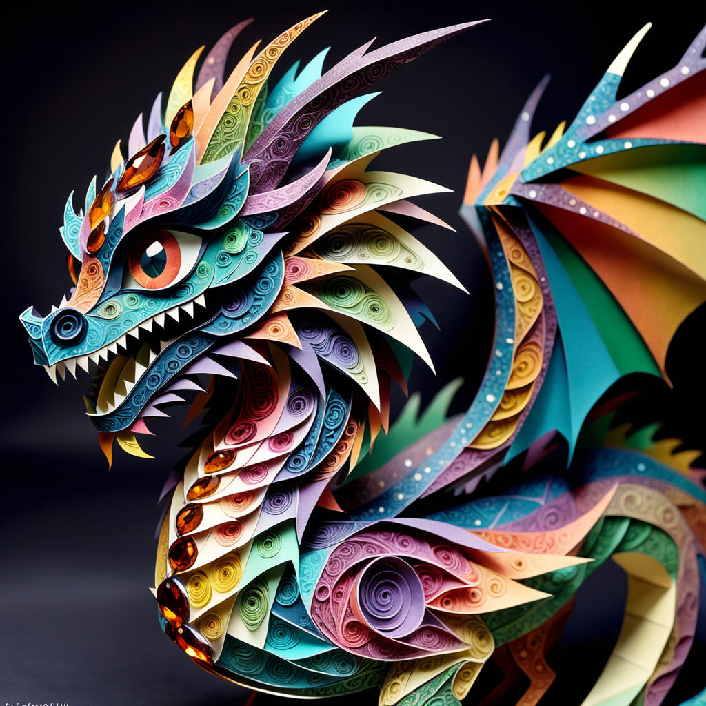 Quilling paper art of a symmetrical dragon with multiple horns on