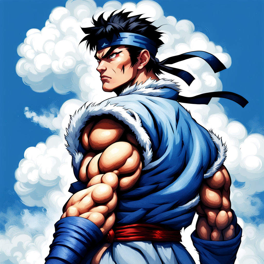 Premium Free ai Images  ryu street fighter character detailed portrait  fight blood scream blue energy blast full body background old style japan  house fire