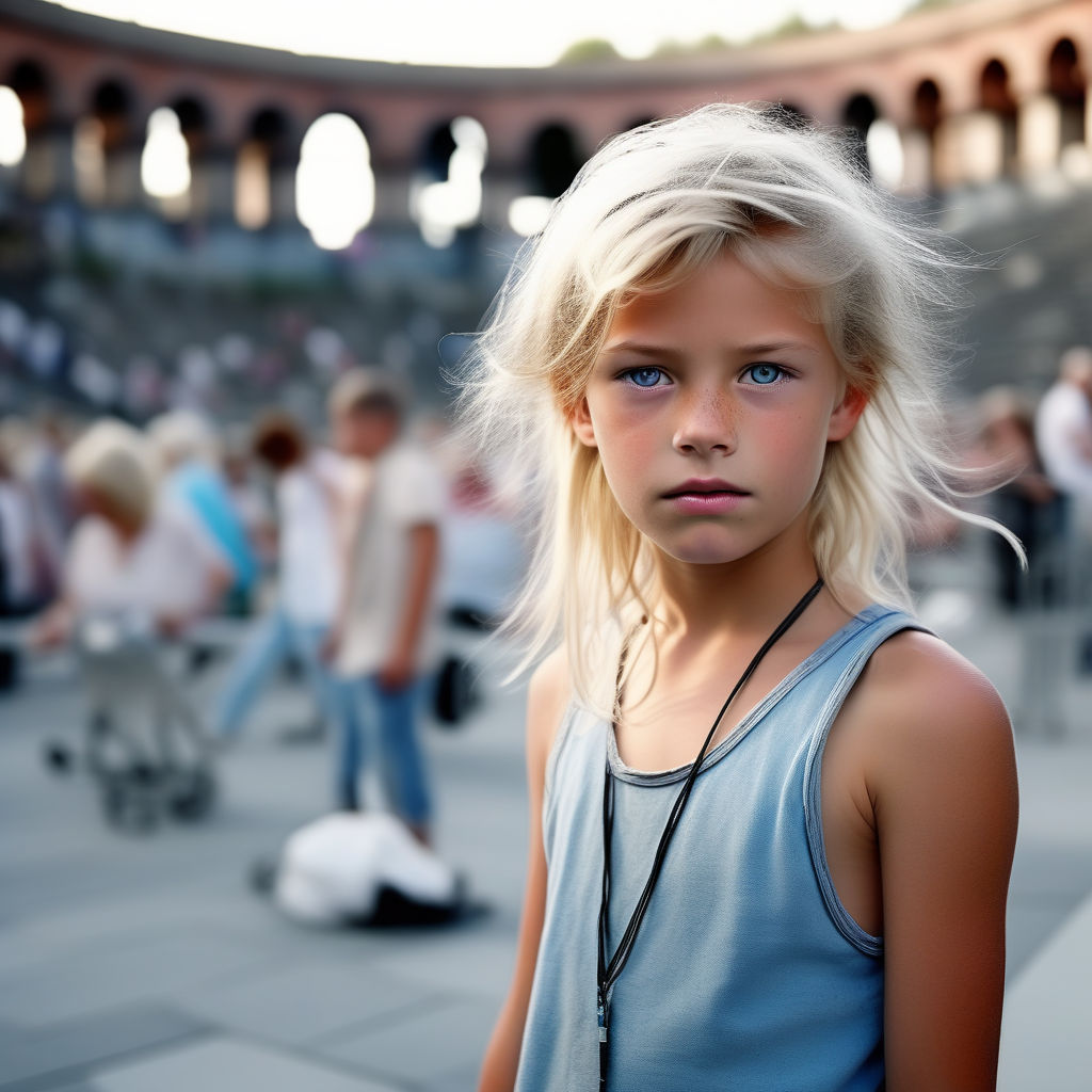 blonde 10-year-girl scowling. White tank top. Bare shoulders. Little.  Symmetry. Beautiful. - Playground