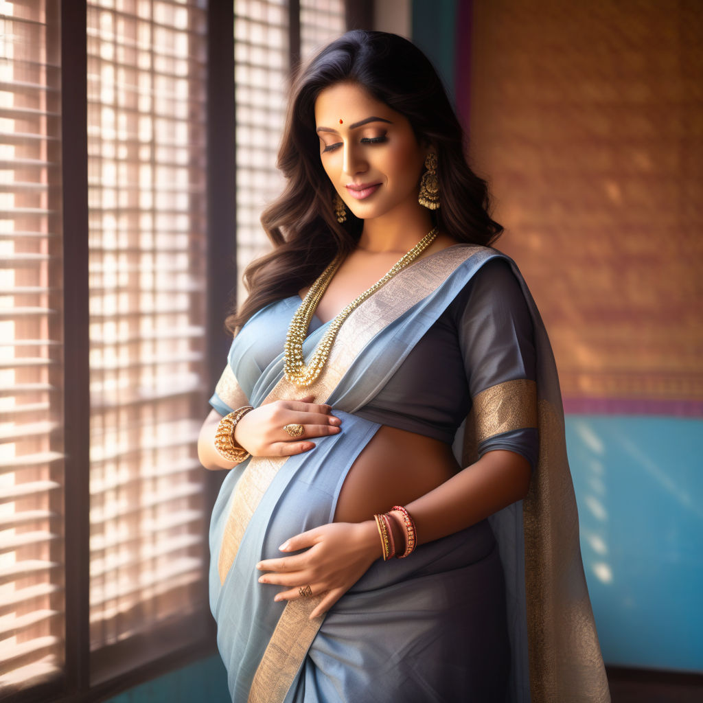 Heavily pregnant mother's transparent saree is unclad with bare belly lying  on bed. Adult male son removed mother's saree and blouse to help her sleep.  Smiling adult son is wearing shirts and