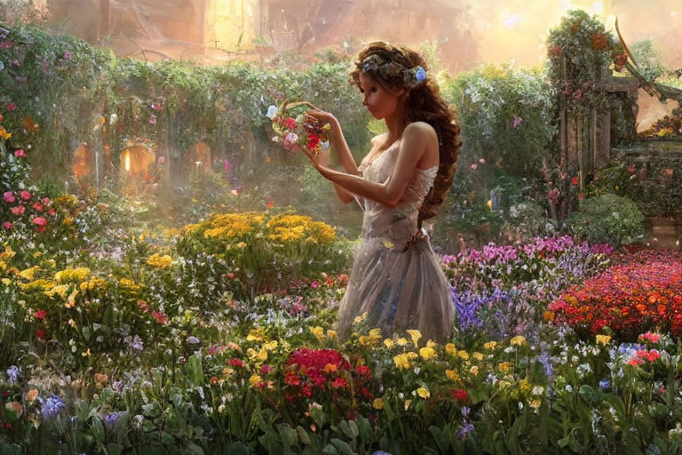 beautiful painting of a girl with flower petals