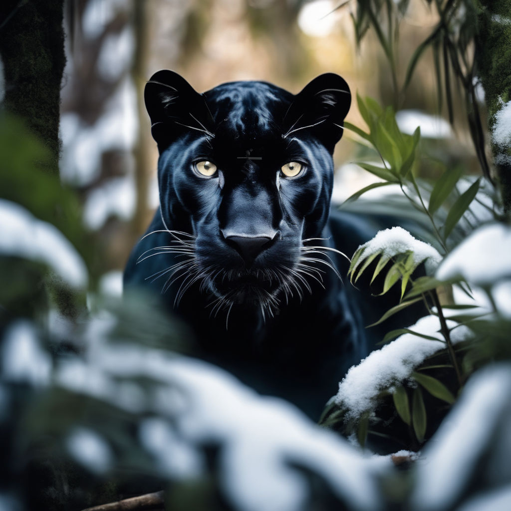 A 4K ultra HD mobile wallpaper depicting a powerful and agile Black  Panther, stealthily prowling through the dense undergrowth of a tropical  rainforest, its mesmerizing green eyes piercing through the darkness