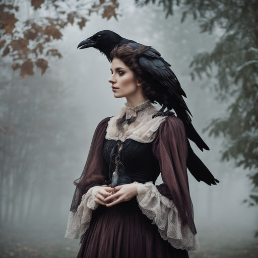 dark queen attractive woman in Gothic dress. Raven in hand. holds