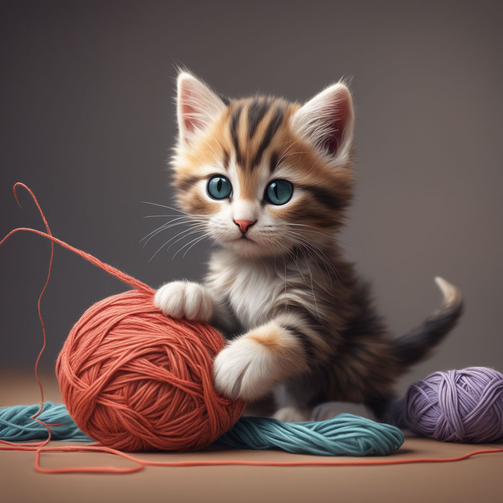 Funny and cute 4 cats with a ball of wool, cute cat holding yarn