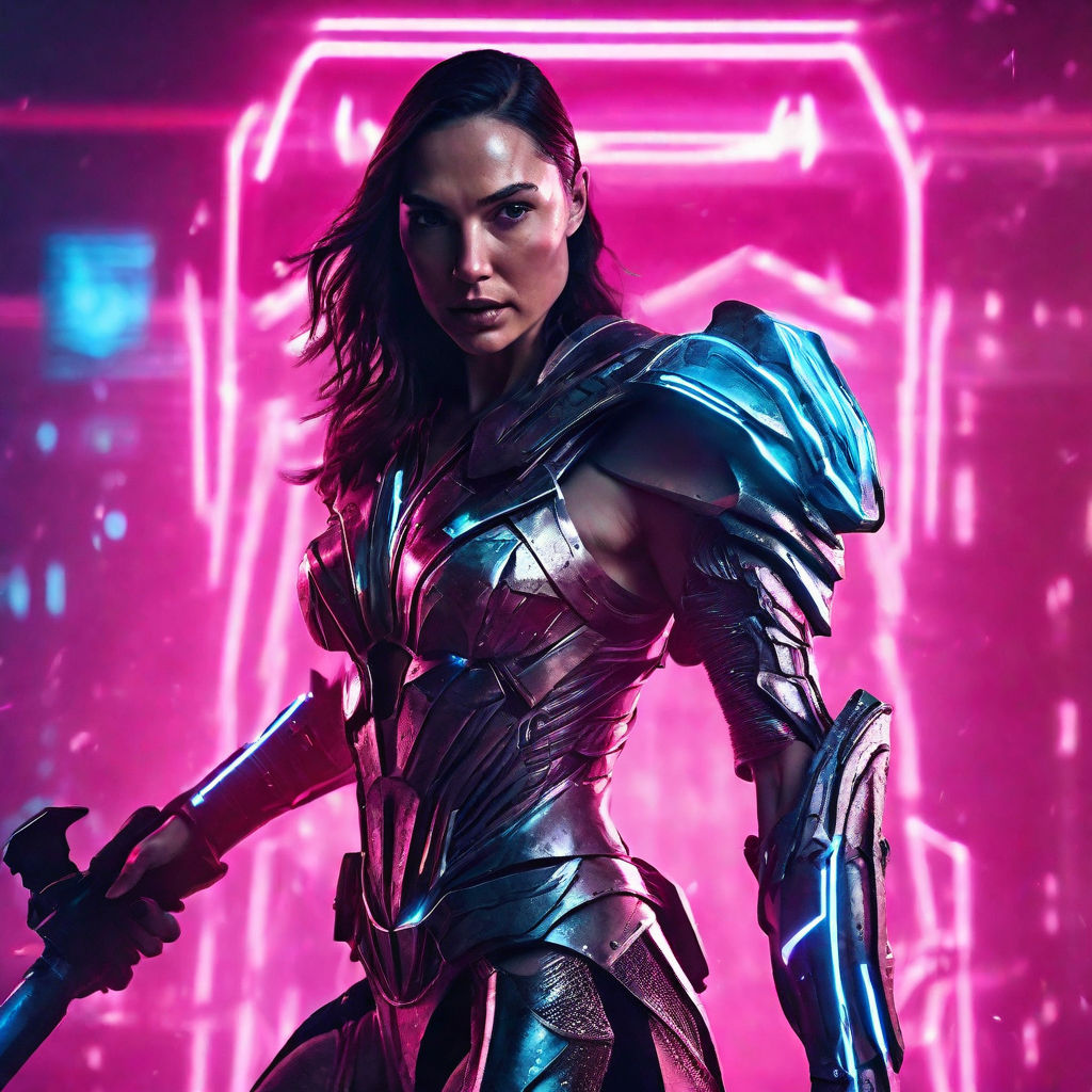 Prompt: gal gadot as cyberpunk gladiator, futuristic glowing armor, Holographic projection helmet, plasma sword, energy shield,  neon lit high contrast photo, futuristic matte painting, neon pastel tones, muted colours, ultra realistic, photo realistic, cinematic --ar 9:16