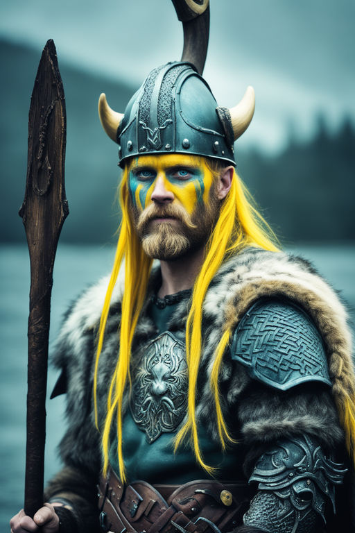 Strong Viking man with bright colored war paint - Playground