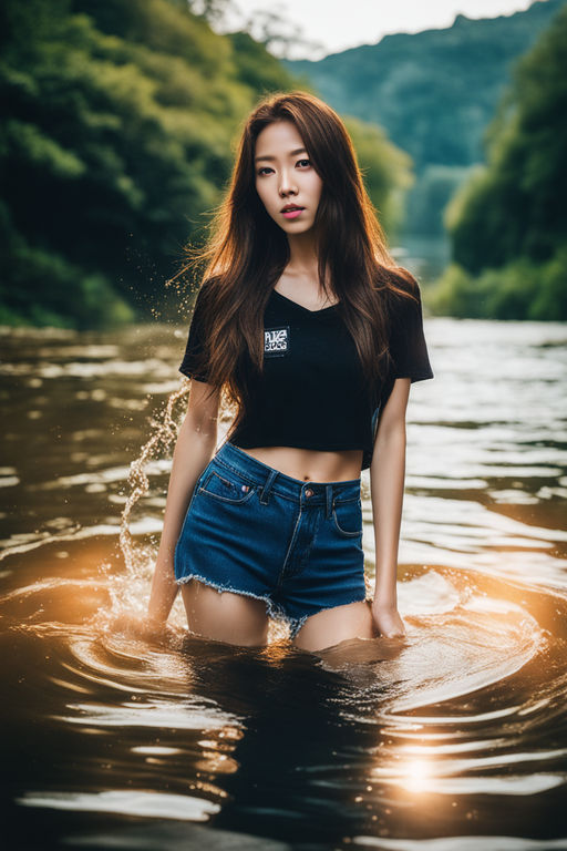 A young woman is standing by the lake, she has a perfect slim body and round