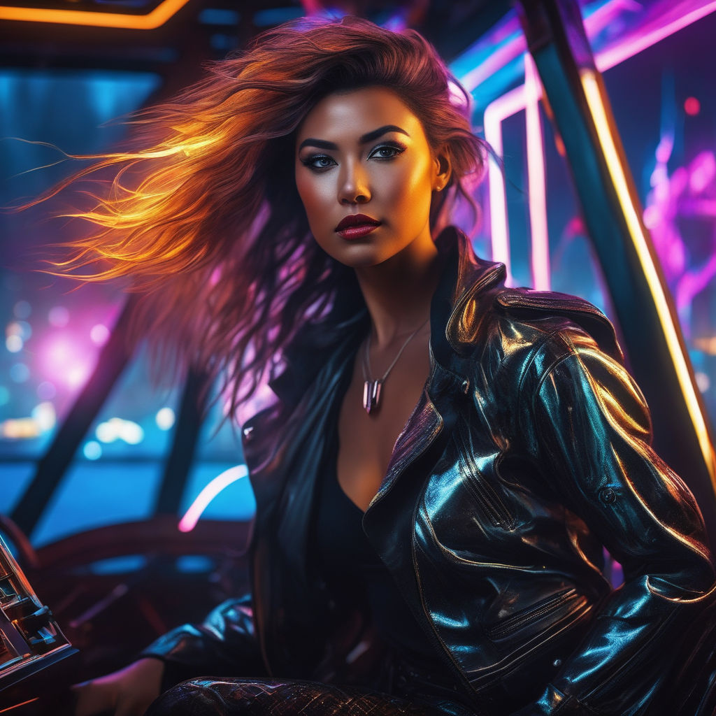 A stunning portrait of a cyber character sitting on top of a luxurious car  in a futuristic cyber cityscape at nighttime. The scene is illuminated with  neon lighting - Playground