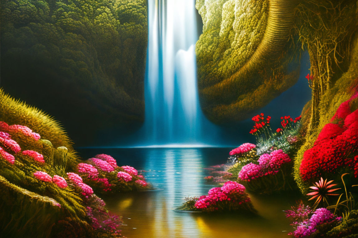 The Landscape Painting of the Waterfall Has Beautiful Trees and Pink  Flowers. Amazing Landscape of Nature Stock Illustration - Illustration of  drawing, background: 267822316