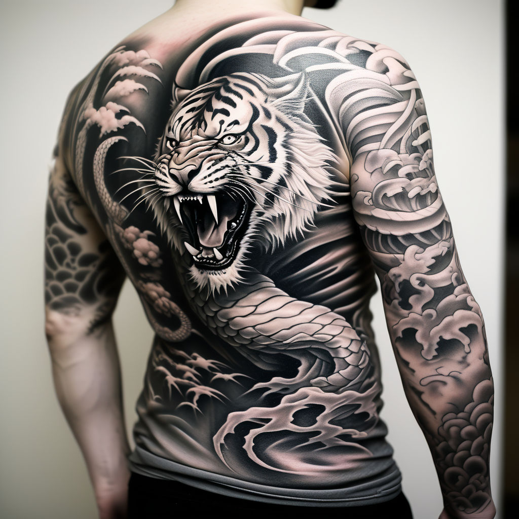 Dragon fighting a tiger. Japanese tattoo style. - Playground