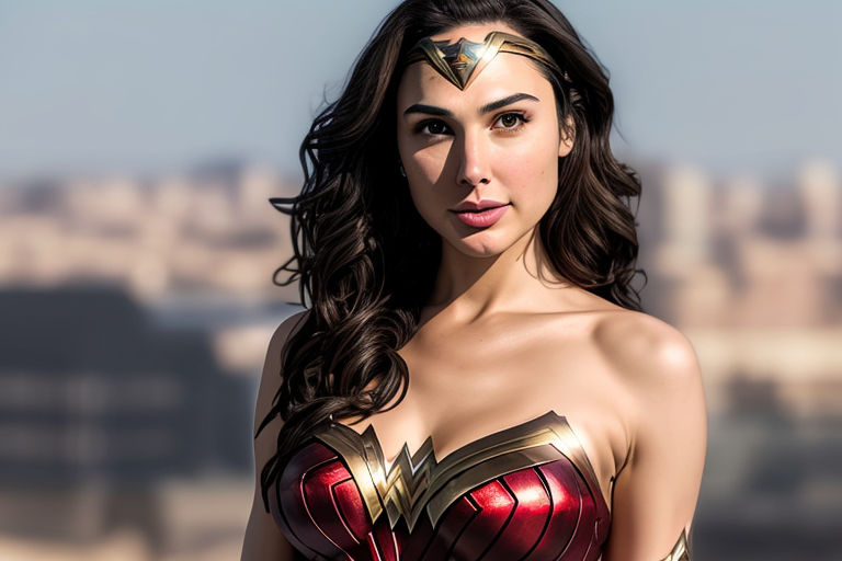 Prompt: A very realistic Portrait of Gal Gadot and big large breasts and cleavage who is dressed like Wonder Woman from DC Comics, very detailed face, fit body, posing, good light, perfect picture, full body, entire body, realistic, pale skin, good looking, cleavage, 