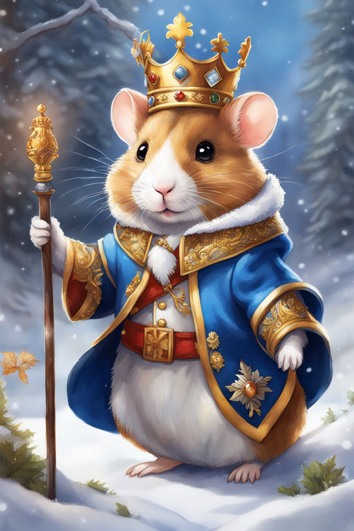 Medieval painting, realistic brown rat wearing a crown