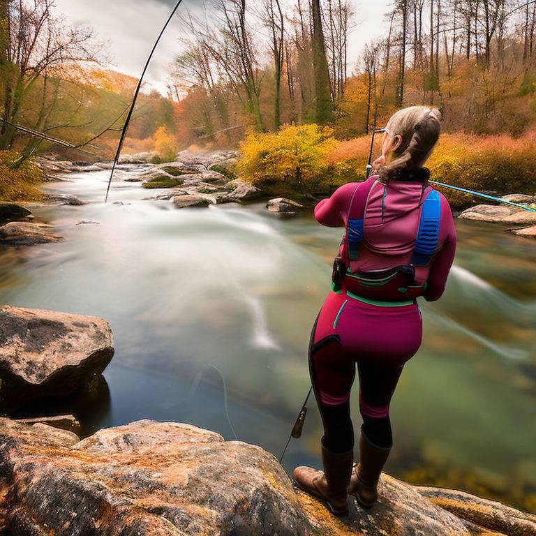 A DSLR photo of a woman fly fishing in a serene mountain stream