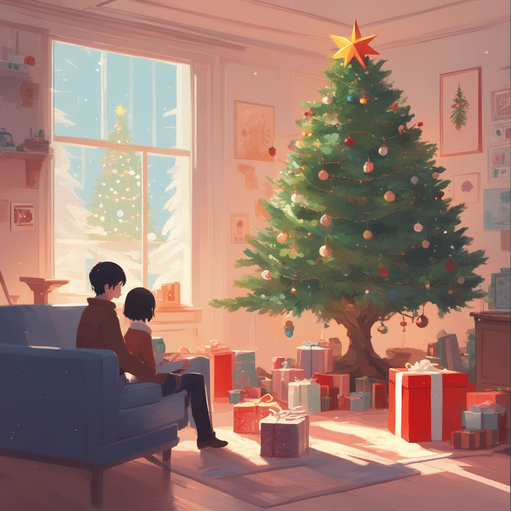 Warm Realistic Christmas Tree and Fireplace Painting Anime Style