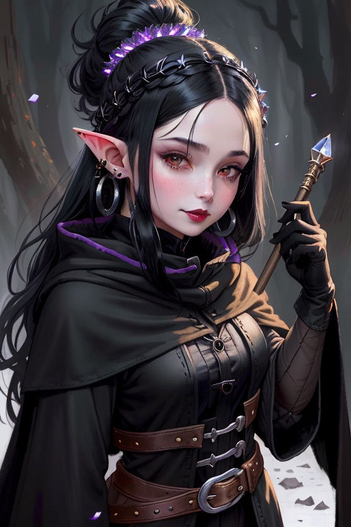 Prompt: Elf girl height 119 cm  old in a black robe with a tuft on her head and black straight hair, hooligan, Kender DnD, cheerful  in closed black gloves, high boots and crystal obsidian earrings, a thin face,  goth, gothic, matte black lipstick, carl larsson and brian froud and john william waterhouse style