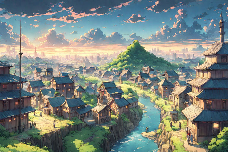 Illustration of a japanese village in anime style on Craiyon