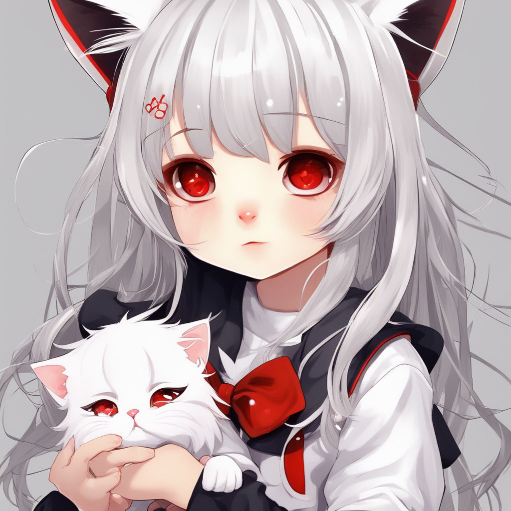 neko girl with white hair and red eyes