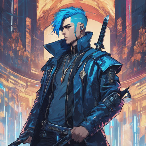 Cartoon character holding a sword with blue hair