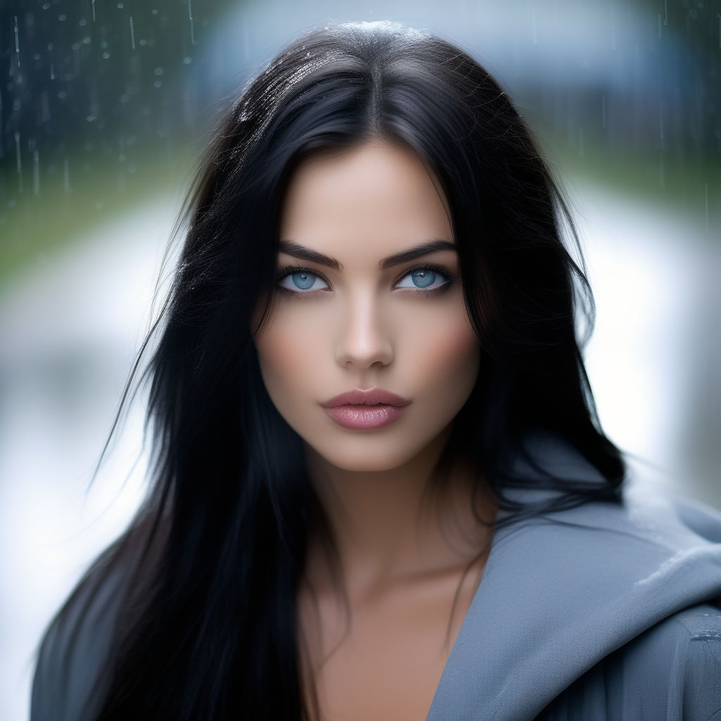 Beautiful woman with black hair and blue eyes