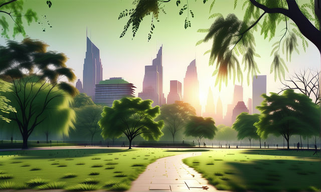 Solarpunk city with lush greenery and glowing sun