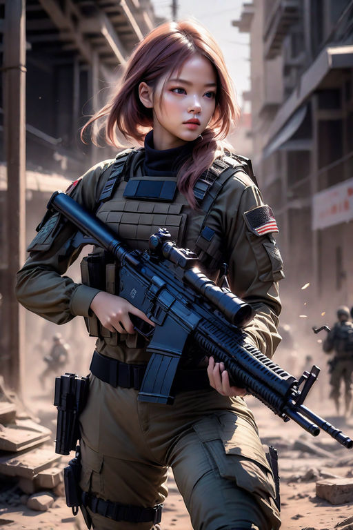 Tactical, soldier, fallen lab, shooting, grimdark, female, anime on Craiyon