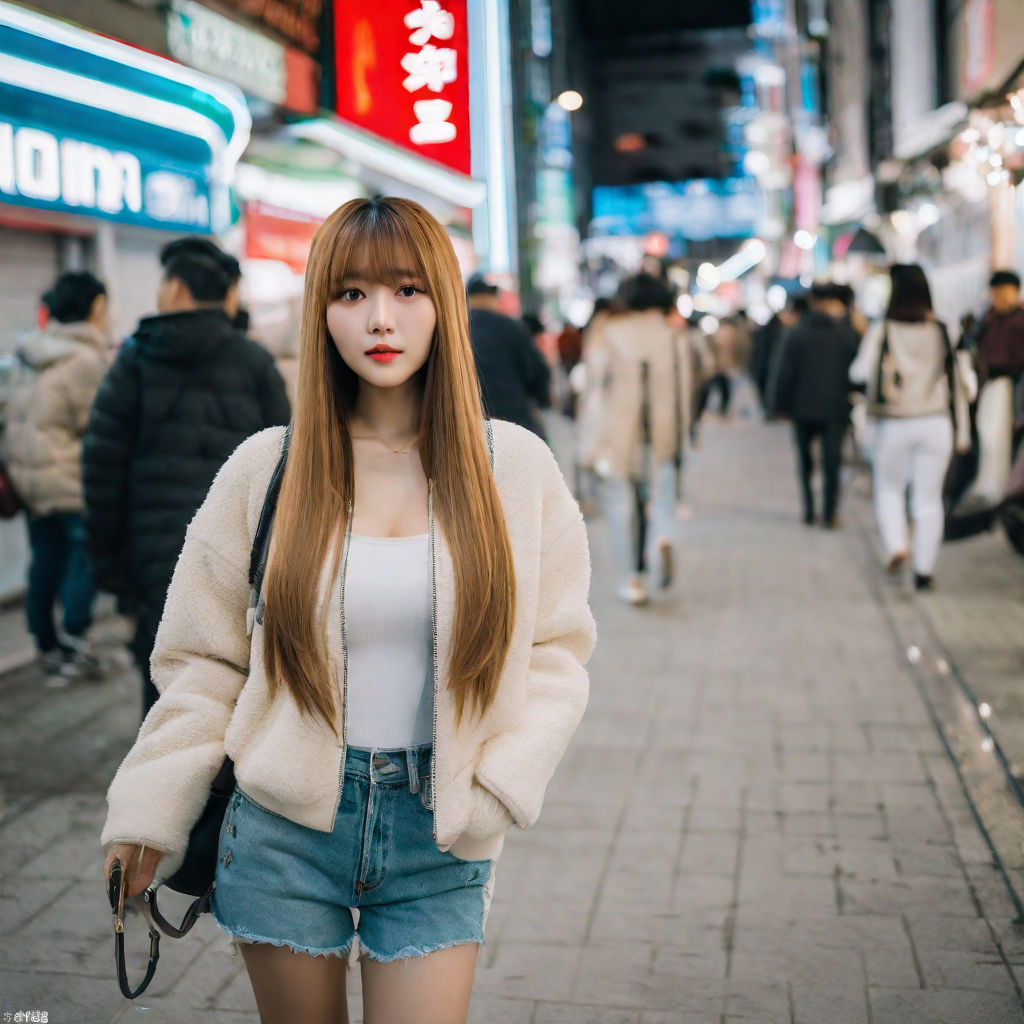 Korean girl with long black hair posing in front of futuristic Seoul  building - AI Generated Artwork - NightCafe Creator